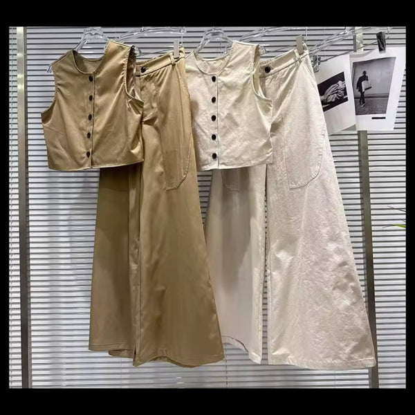 Women Button Up Sleeveless Vest Two Piece Wide Leg Pant Set