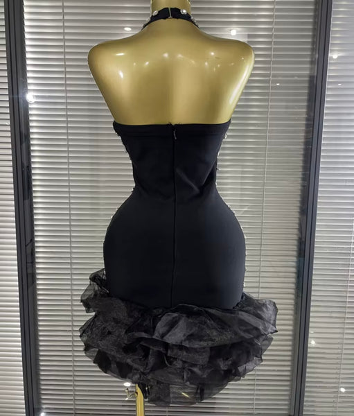 Women Sexy Halter Sleeveless Rhinestone Ruffle Dress