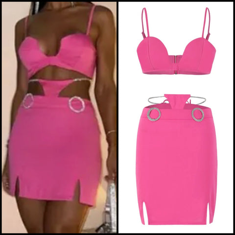 Women Bling Pink Sexy Sleeveless Two Piece Skirt Set