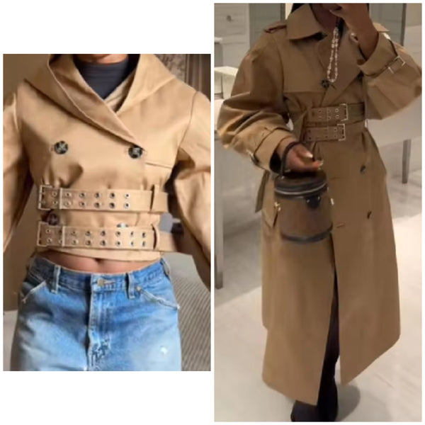 Women Fashion Khaki Buckle Long/Short Jacket