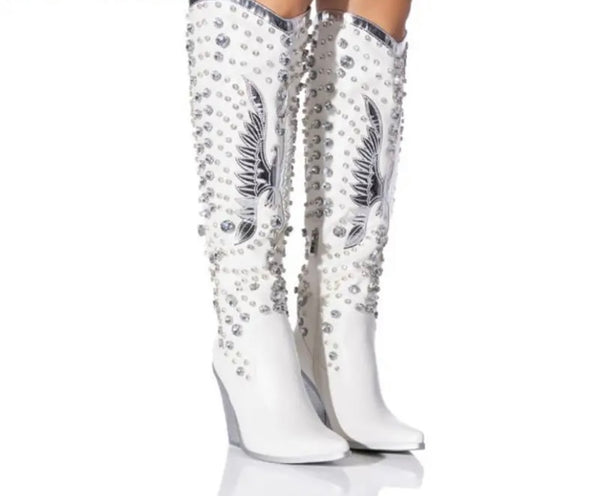 Women Fashion Rivet Faux Leather Western Knee High Boots