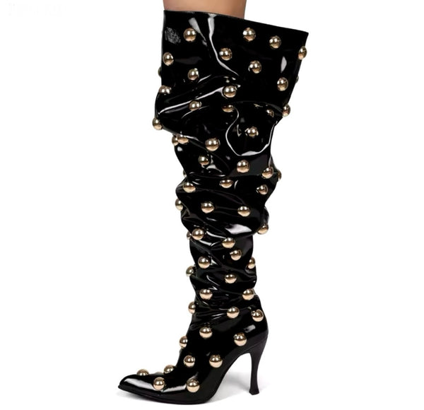Women Fashion Black Gold Metal Over The Knee Boots