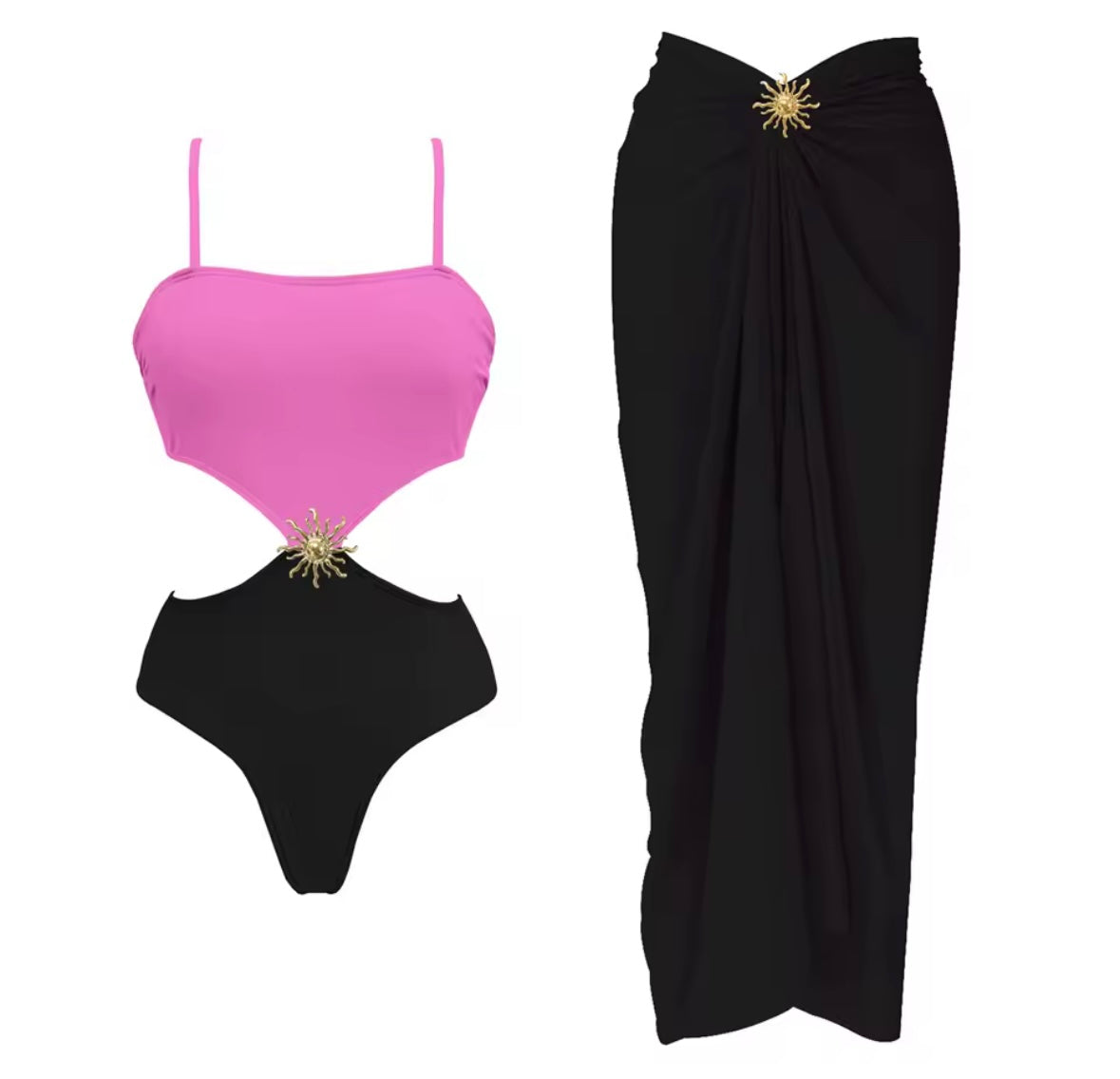 Women Sexy Color Patchwork Cut Out Swimsuit Cover Up Set