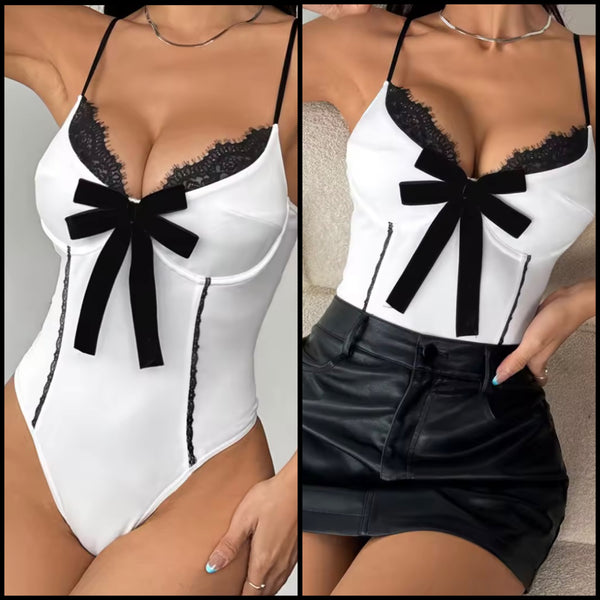 Women Sleeveless Lace Bow Fashion Bodysuit Top