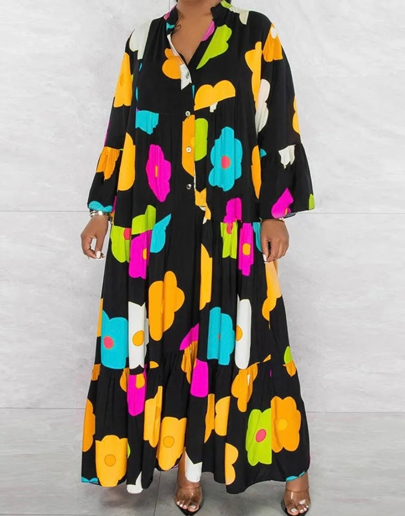 Women Button Up Floral Print Sexy Maxi Dress