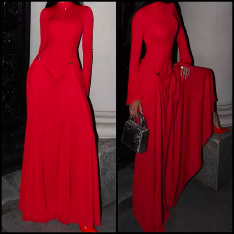 Women Sexy Red Turtleneck Full Sleeve Maxi Dress