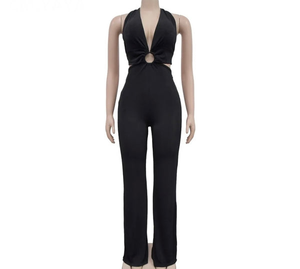 Women Sexy Sleeveless Solid Color Open Tie Up Back Jumpsuit