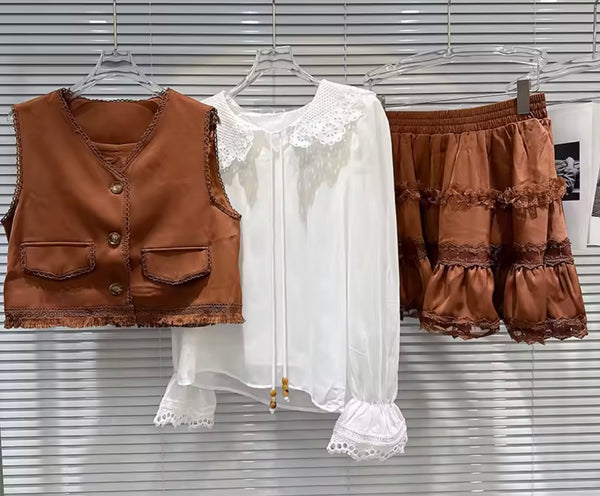 Women Brown Ruffled Sexy Three Piece Skirt Set