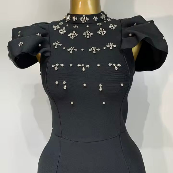 Women Elegant Crystal Patchwork Short Sleeve Maxi Dress