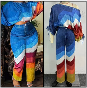 Women Fashion Denim Color Striped Two Piece Pant Set