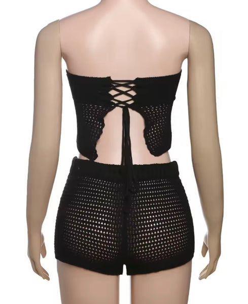 Women Sexy Strapless Tie Up Open Back Knitted Two Piece Short Set