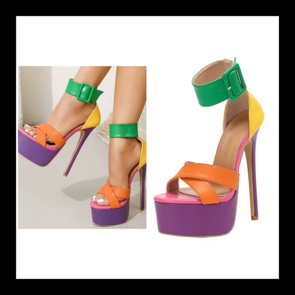 Women Color Patchwork Platform Ankle Strap High Heel Sandals