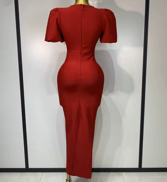 Women Red Bling Bow Short Sleeve Maxi Dress