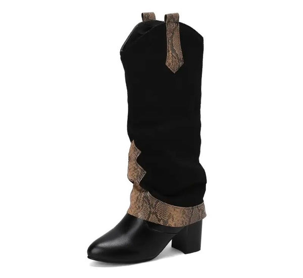 Women Animal Print Patchwork Suede Faux Leather Western Boots