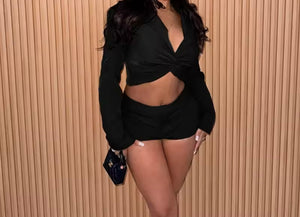 Women Solid Color Full Sleeve Crop Fashion Two Piece Short Set