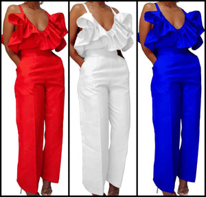 Women Sexy Sleeveless Ruffled Solid Color Two Piece Pant Set