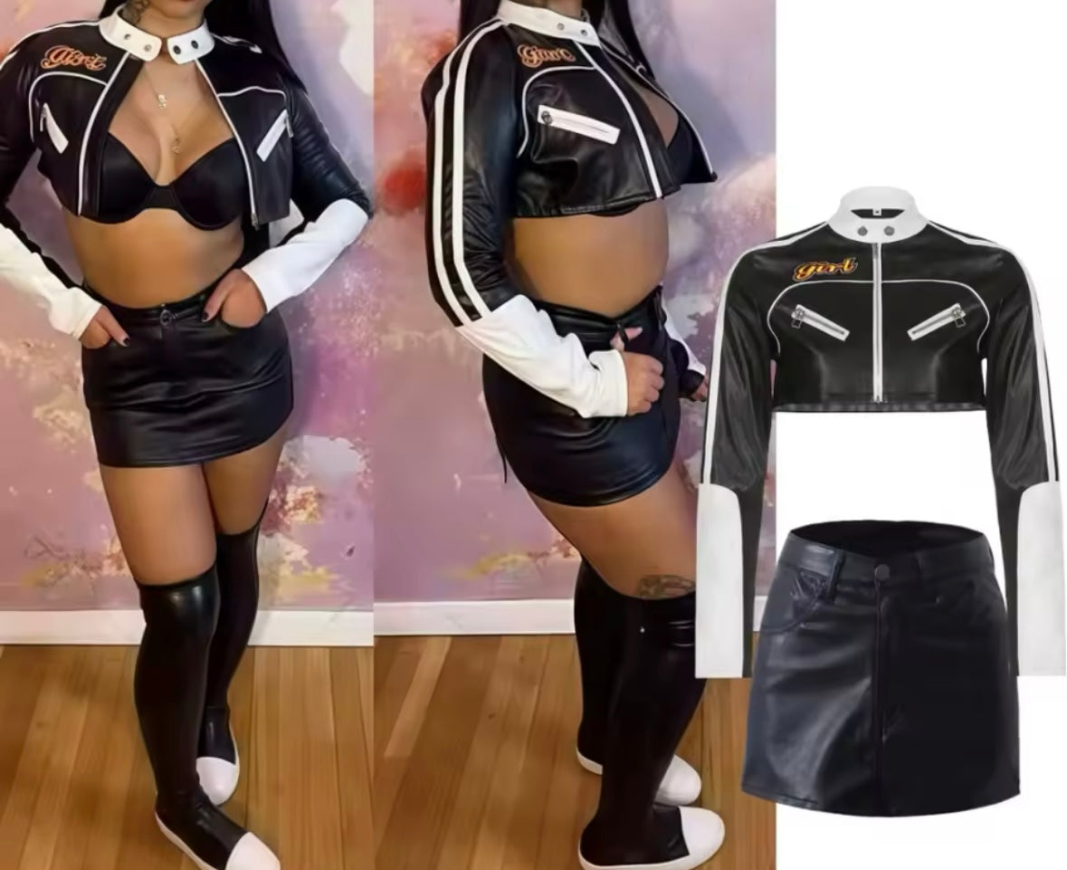 Women Sexy Faux Leather Crop Jacket Two Piece Skirt Set