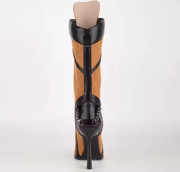 Women Suede Pointed Toe Tie Up Chain High Heel Boots
