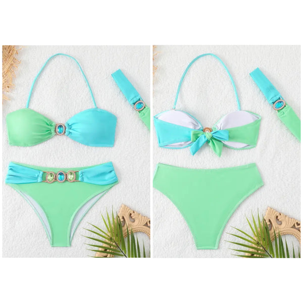 Women Sexy Color Patchwork Halter Crystal Bikini Swimsuit