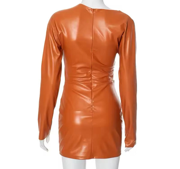 Women Orange Faux Leather Ruched Sexy Full Sleeve Dress