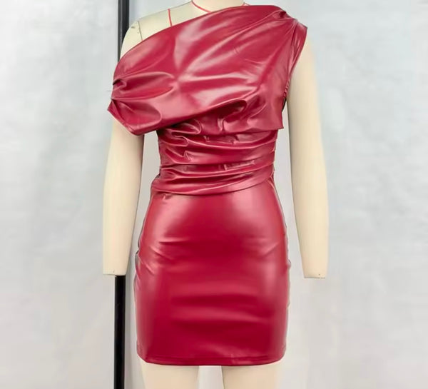 Women Sexy PU Ruched Short Sleeve Dress