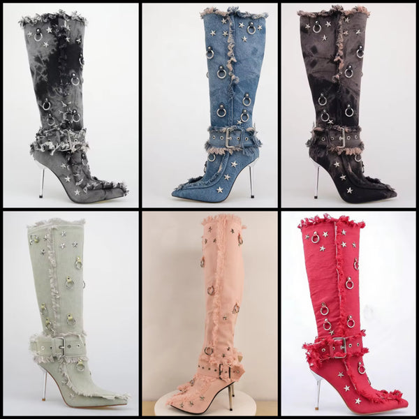 Women Fashion Rivet Fringe Buckle Denim Knee High Boots