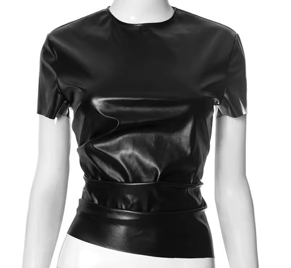 Women Fashion PU Short Sleeve Ruched Top
