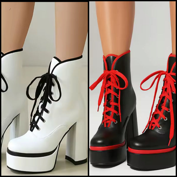 Women Fashion Color Patchwork Lace Up Platform High Heel Ankle Boots