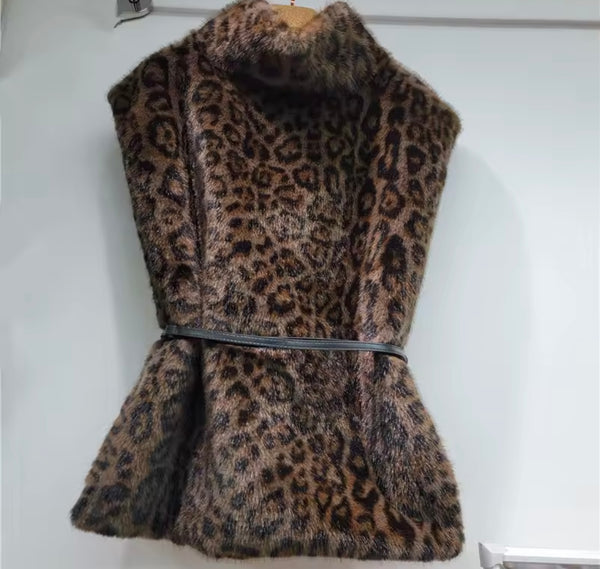 Women Fashion Faux Fur Belted Shawl Vest Pullover