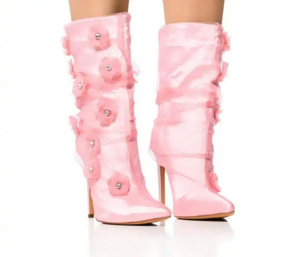 Women Fashion Pink Floral Rivet High Heel Ankle Boots