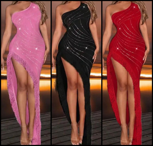 Women Bling Patchwork Fringe One Shoulder Sleeveless Mesh Maxi Dress