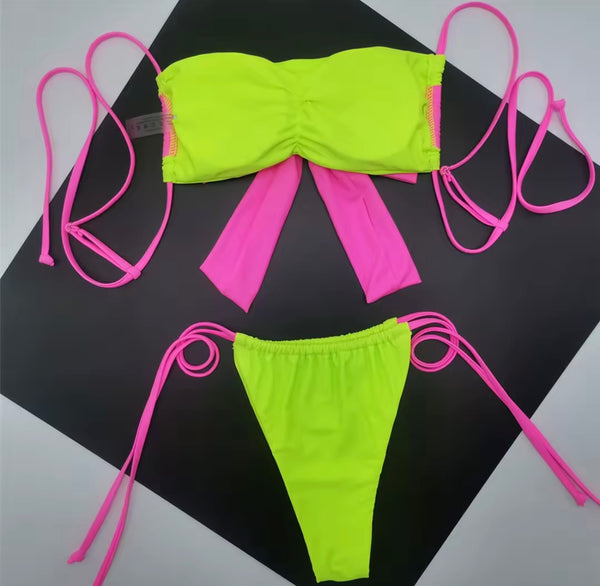 Women Sexy Tie Up Bow Color Patchwork Bikini