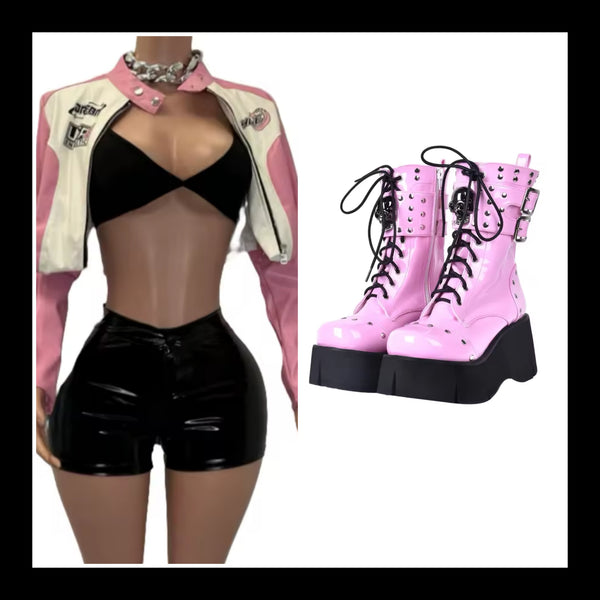 Women Fashion Color Patchwork Three Piece Faux Leather Short Set