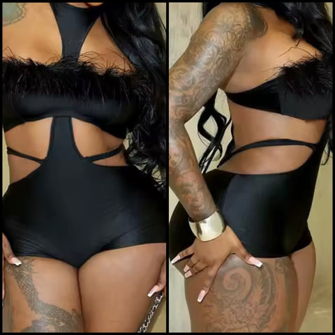 Women Black Sexy Sleeveless Feather Cut Out Romper