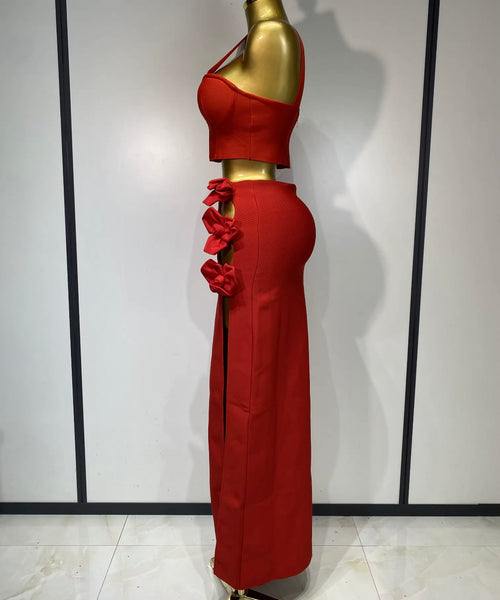 Women Sexy Sleeveless Crop Side Split 3D Floral Two Piece Maxi Skirt Set