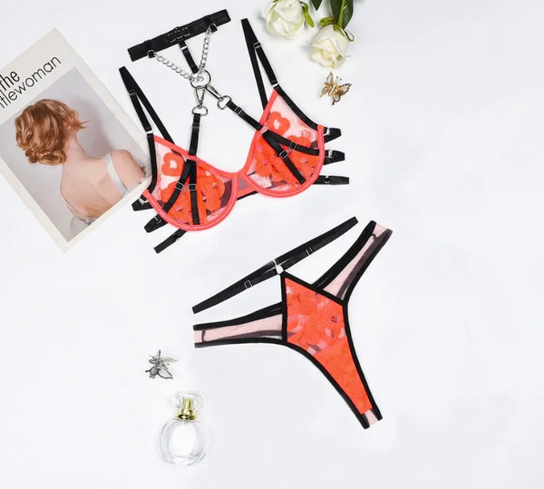 Women Sexy Choker Chain Color Patchwork Lace Lingerie Set