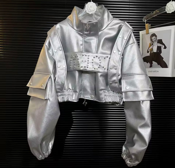 Women Fashion Rivet Faux Leather Jacket