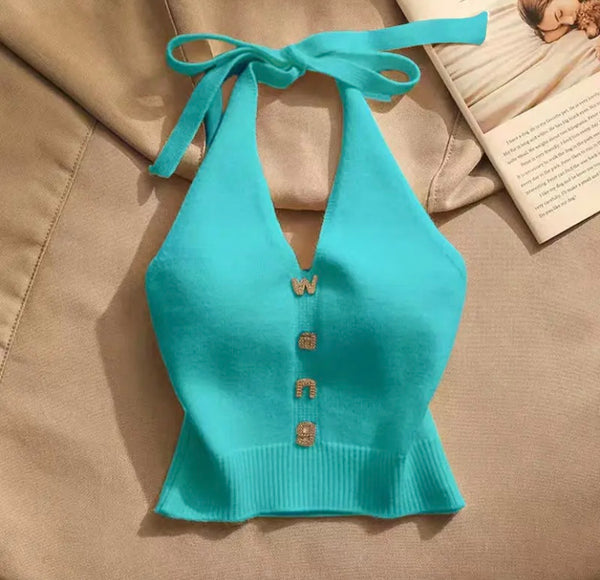 Women Fashion Sleeveless Halter Bling Letter Print Crop Top
