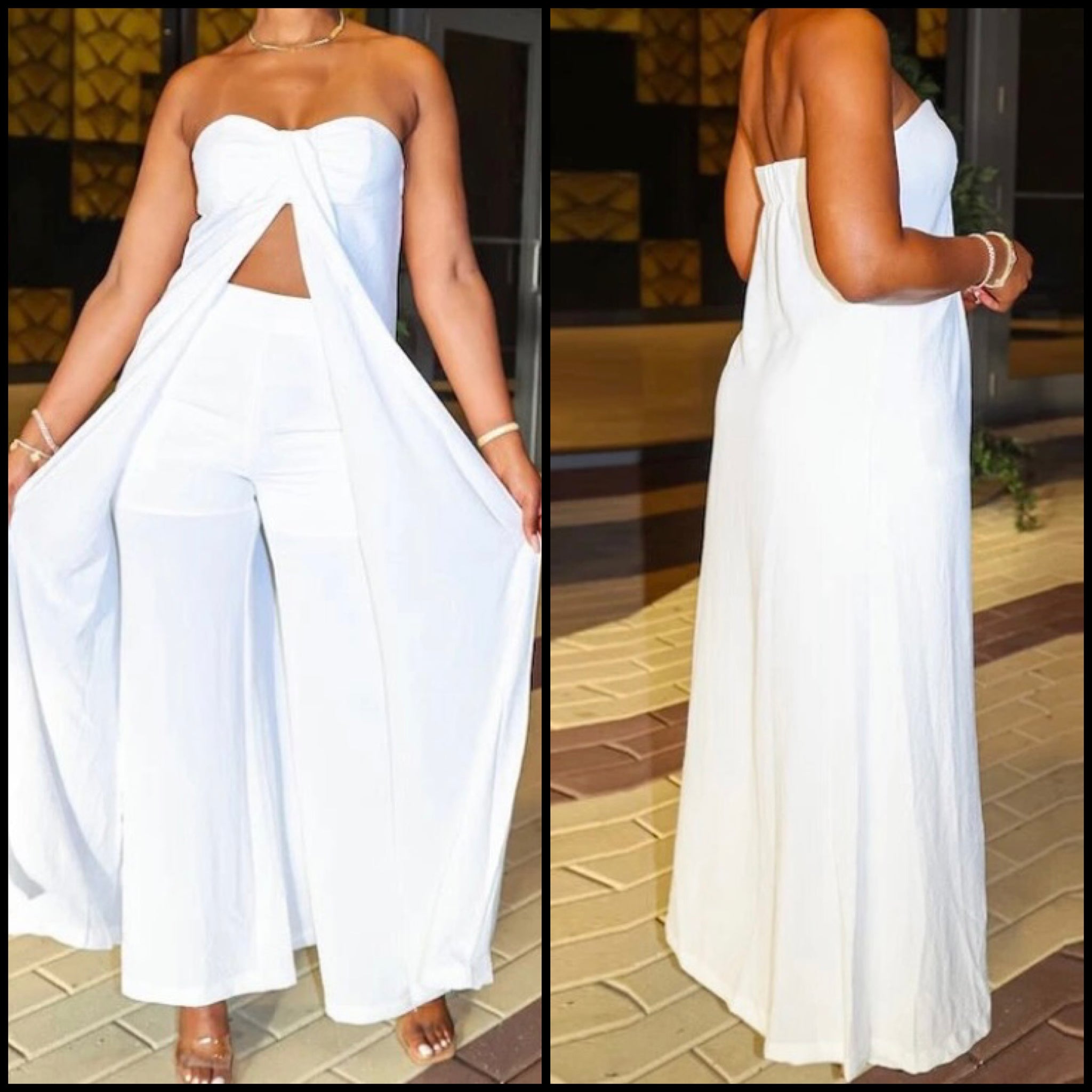 Women White Sexy Strapless Asymmetrical Two Piece Pant Set