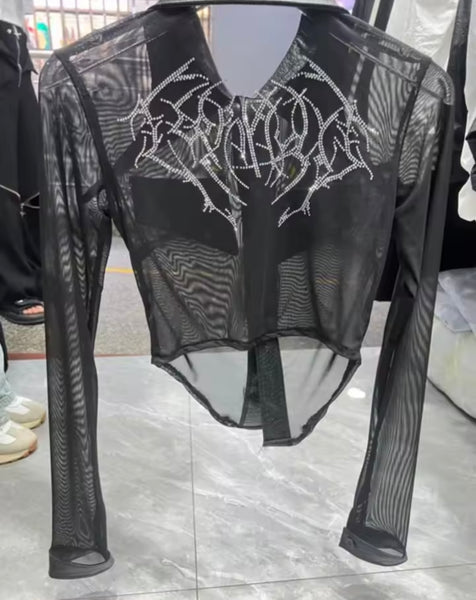 Women Black Bling PU Patchwork Mesh Full Sleeve Top