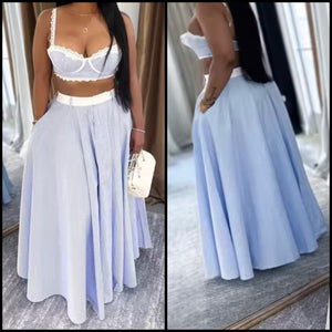 Women Sexy Striped Sleeveless Crop Two Piece Maxi Skirt Set