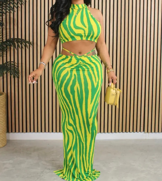 Women Sexy Striped Sleeveless Two Piece Maxi Skirt Set