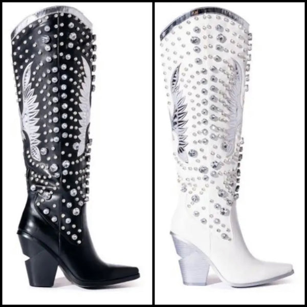 Women Fashion Rivet Faux Leather Western Knee High Boots