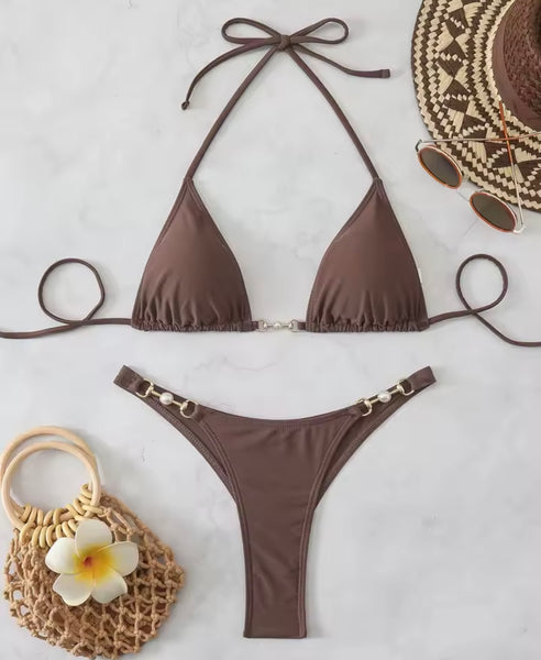 Women Sexy Halter Pearl Metal Bikini Swimsuit