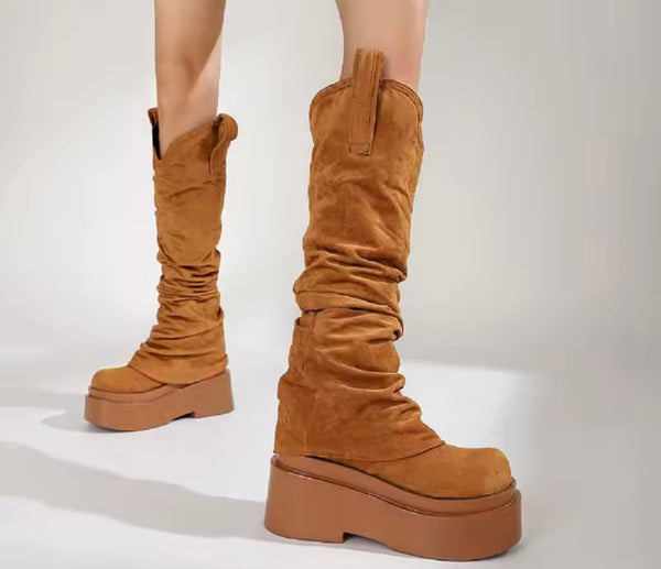 Women Fashion Color Platform Suede Ruched Knee High Boots