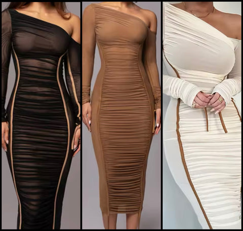 Women Sexy Full Sleeve Striped Mesh Maxi Dress