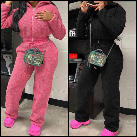 Women Zip Up Hooded Crop Teddy Tracksuit Two Piece Pant Set