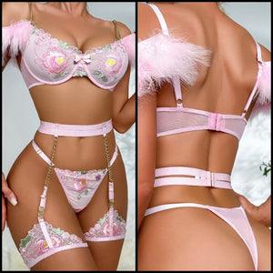 Women Sexy Pink Floral Feather Chain Mesh Lingerie Set