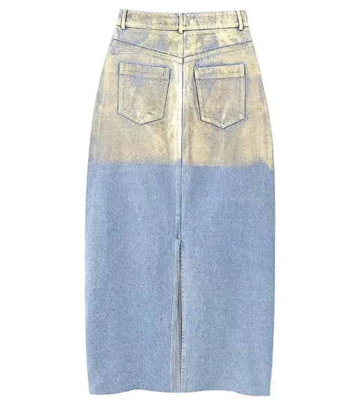 Women Fashion Metallic Patchwork Two Piece Denim Jacket Skirt Set