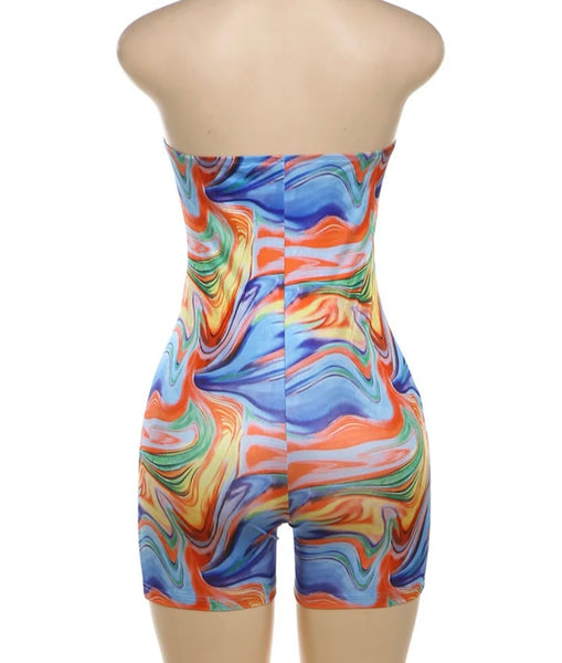 Women Sexy Strapless Multicolored Print Cut Out Romper